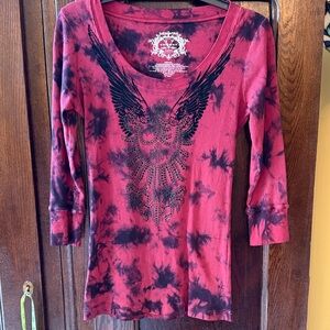Christina V 100% Cotton Red & Black Tye Dye Elbow Sleeve Tee